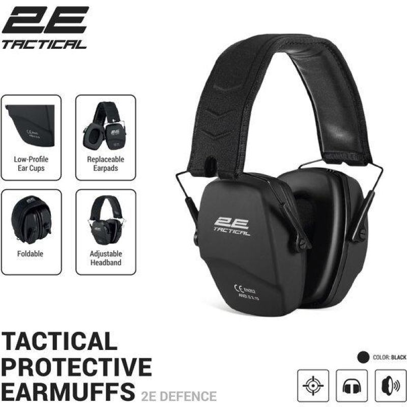 Тактичні захисні навушники 2E Defence Black NRR: 25 dB, пасивні