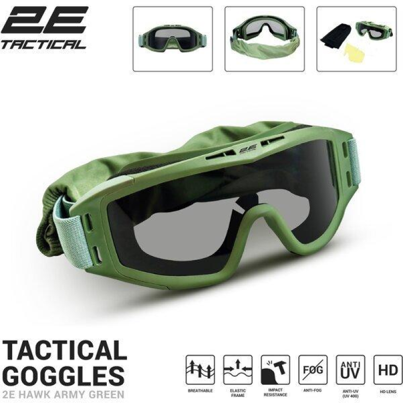 Маска тактична, захисна 2E Hawk Army Green Anti-fog, сумка, 3 лінзи