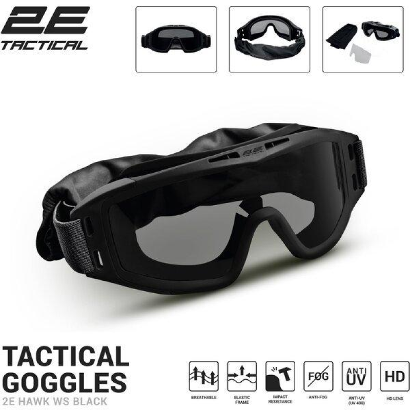 Маска тактична, захисна 2E Hawk WS Black Anti-fog, 3-х шаровий ущільнювач, сумка, 3 лінзи