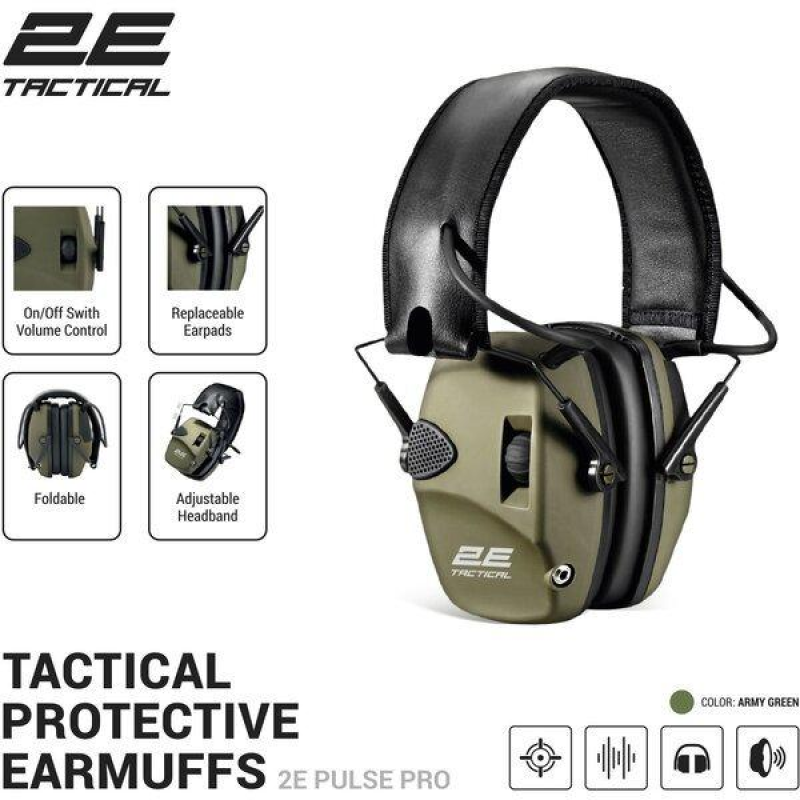 Тактичні захисні навушники 2E Pulse Pro Army Green NRR 22 dB, активні