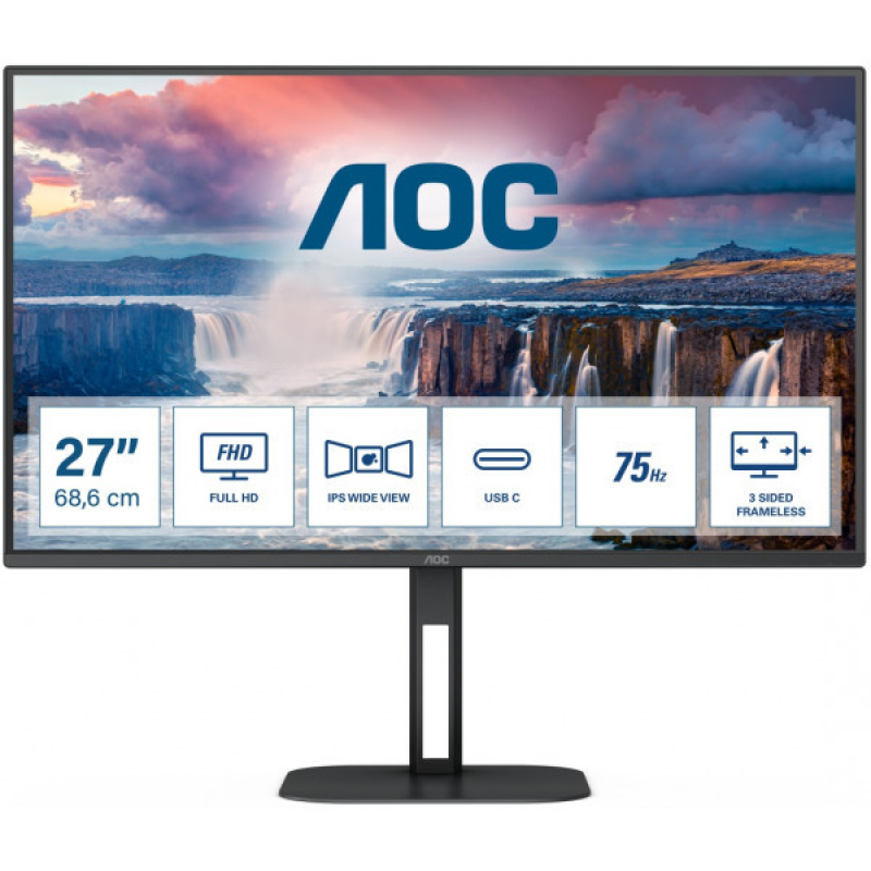 TFT 27“ AOC 27V5CE/BK, FHD, IPS, 75Гц, 1 мс, HDMI, USB-C, USB-hub, колонки, чорний (27V5CE/BK) TFT 27“ AOC 27V5CE/BK, FHD, IPS, 75Гц, 1 мс, HDMI, USB-C, USB-hub, колонки, чорний (27V5CE/BK)