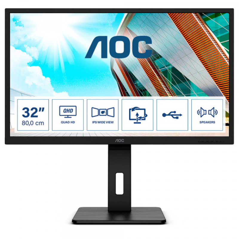 TFT 31.5“ AOC Q32P2CA, IPS, QHD, 75Гц, 4мс, DP, HDMIx 2, USB hub, USB-C, HAS, Pivot, колонки, чорний (Q32P2CA)