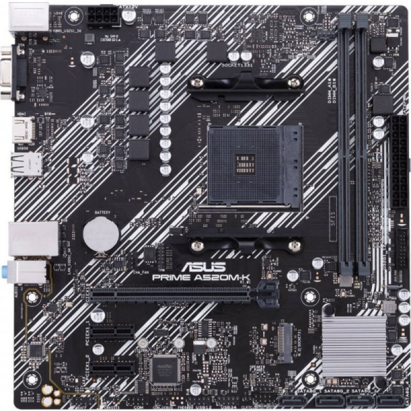 ASUS PRIME A520M-K (AM4,A520, 2*DDR4, PCI-Ex16, 4SATAIII, RAID, M.2, VGA/HDMI, Glan, 6ch, mATX)