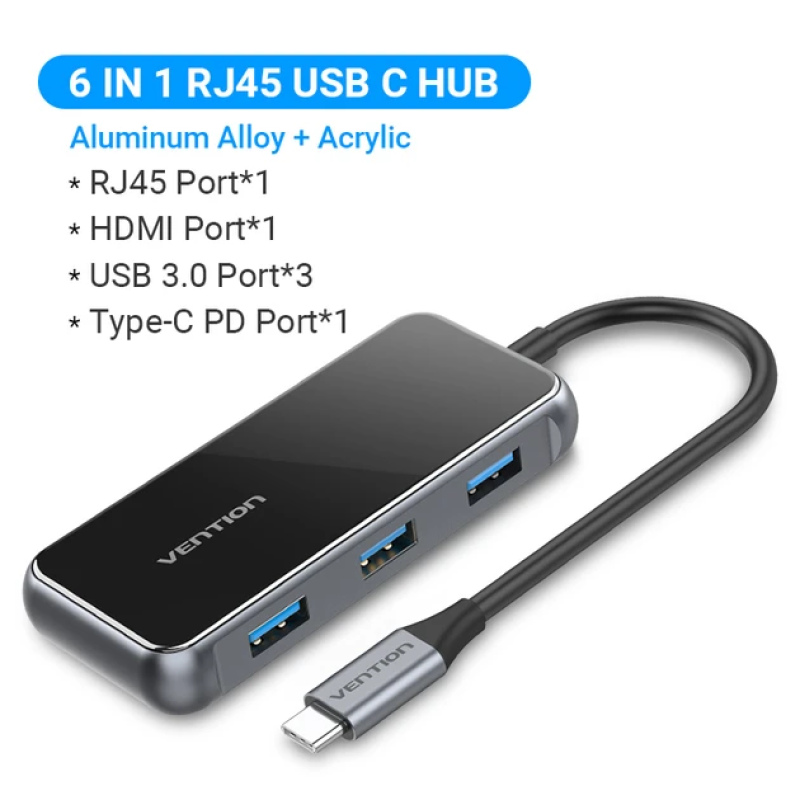 Док-станція USB 3.1 Type-C --> HDMI 4K60Hz/USB 3.0х3/RJ45/PD 87W 6-in-1 Mirrored Surface Vention