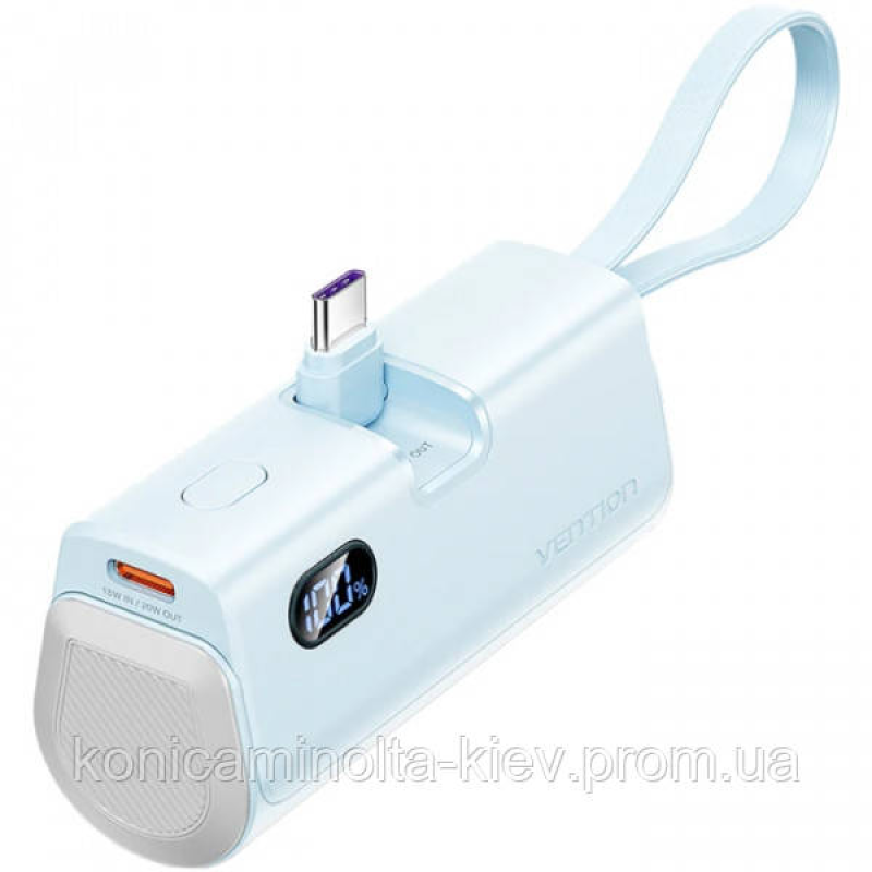 УМБ Vention 4800mAh 22,5W PD, USB-C In/Out, LED display, with built-in USB-C cable Blue
