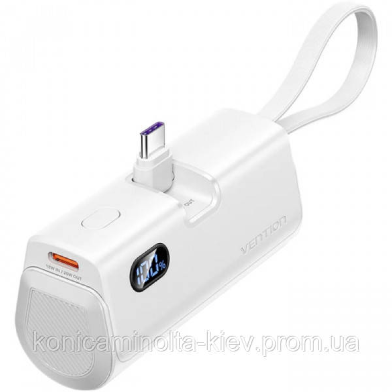 УМБ Vention 4800mAh 22,5W PD, USB-C In/Out, LED display, with built-in USB-C cable White