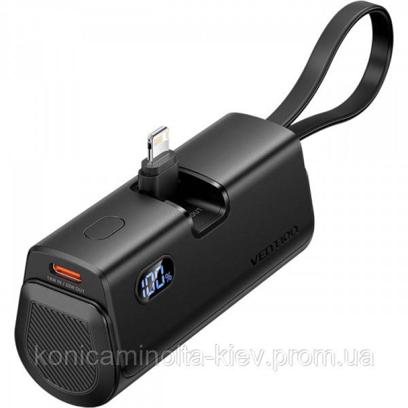 УМБ Vention 4800mAh 22,5W PD, USB-C In/Out, LED display, with built-in Lightning cable Black